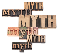 myth word abstract - isolated text in a variety of vintage letterpress wood type printing blocks